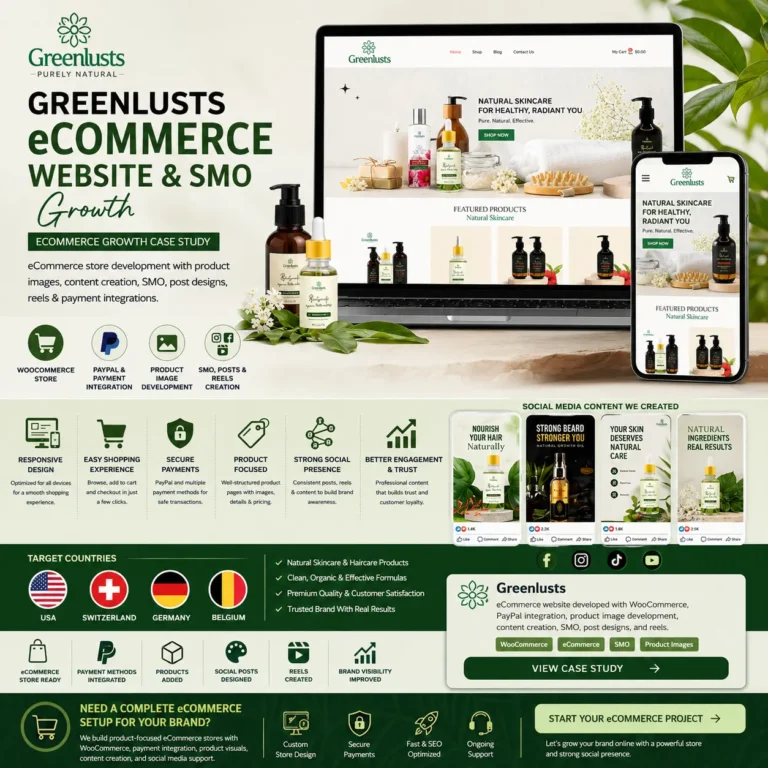 Greenlusts eCommerce website and SMO growth case study showing WooCommerce store development, PayPal payment integration, product image creation, content creation, post design, and reels for a natural skincare and haircare brand.