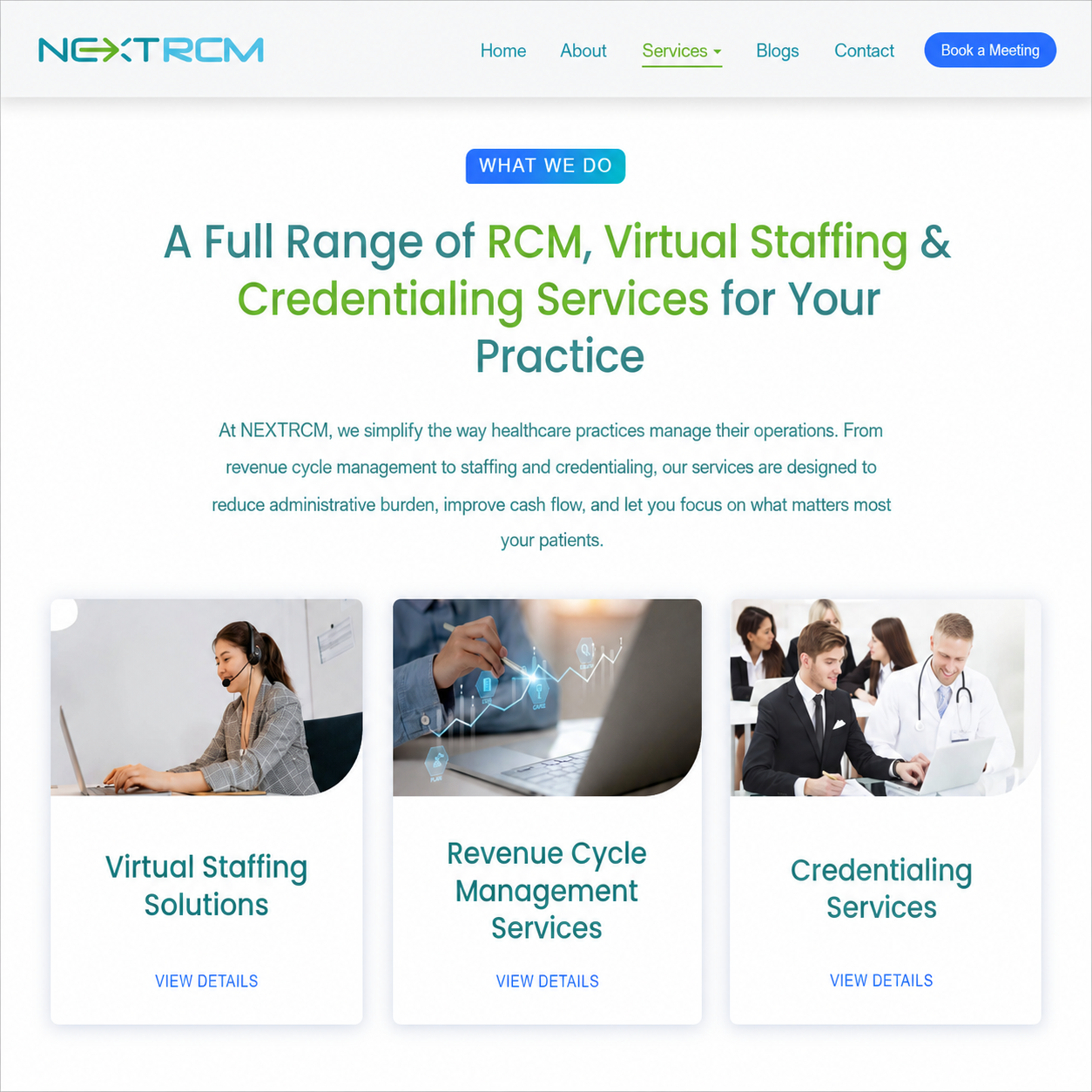 NEXTRCM services page showing RCM, virtual staffing, revenue cycle management, and credentialing services for healthcare practices.