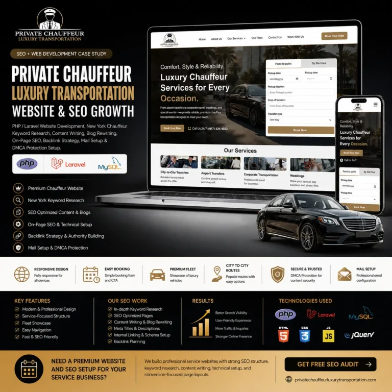 Private Chauffeur Luxury Transportation website and SEO growth case study showing a PHP and Laravel chauffeur website, New York keyword research, content writing, blog rewriting, on-page SEO, backlinks, mail setup, and DMCA protection.