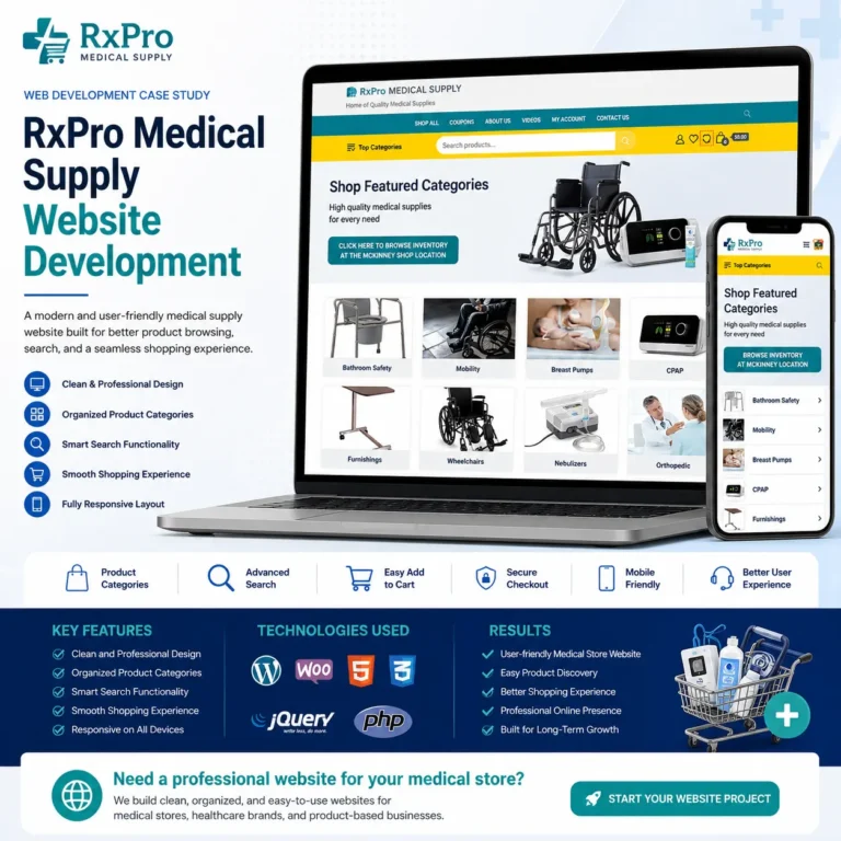 RxPro Medical Supply website development case study showing a medical supply eCommerce website with product categories, smart search, cart flow, secure checkout, and responsive shopping layout.