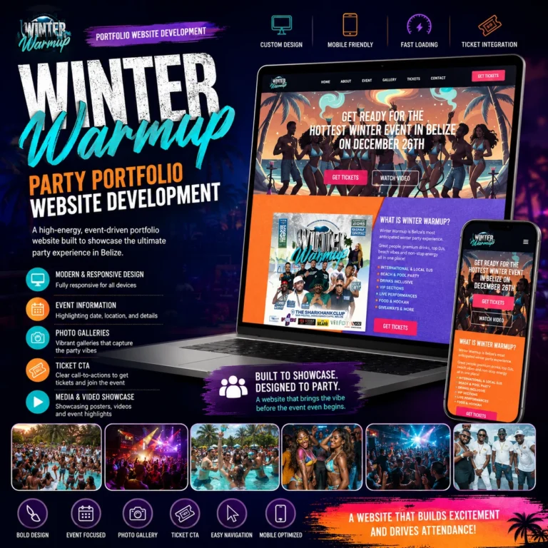 Winter Warmup party portfolio website development case study showing an event website with ticket CTA, photo gallery, mobile responsive design, and Belize party event visuals.